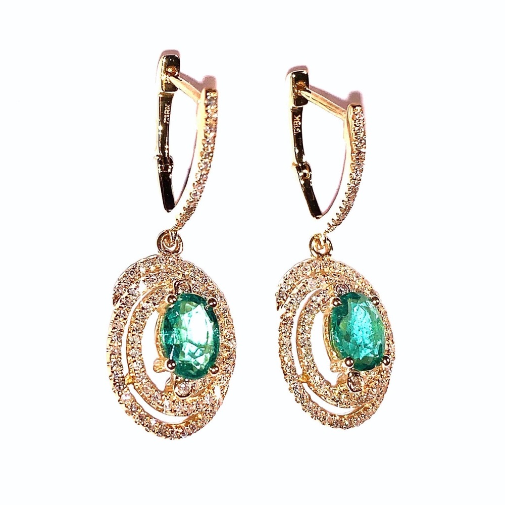 BEAUTIFUL 18K NATURAL EMERALD DIAMOND 18KT YELLOW GOLD HOOP DANGLE EARRINGS